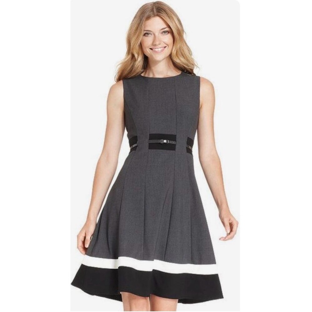 Calvin Klein Colorblock Gray Fit and Flare Belted Dress Sz 12